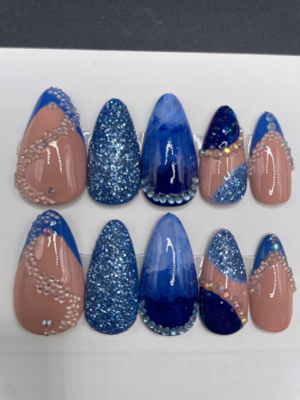 Handmade Blue Marble & Nude Rhinestone Press-On Nails